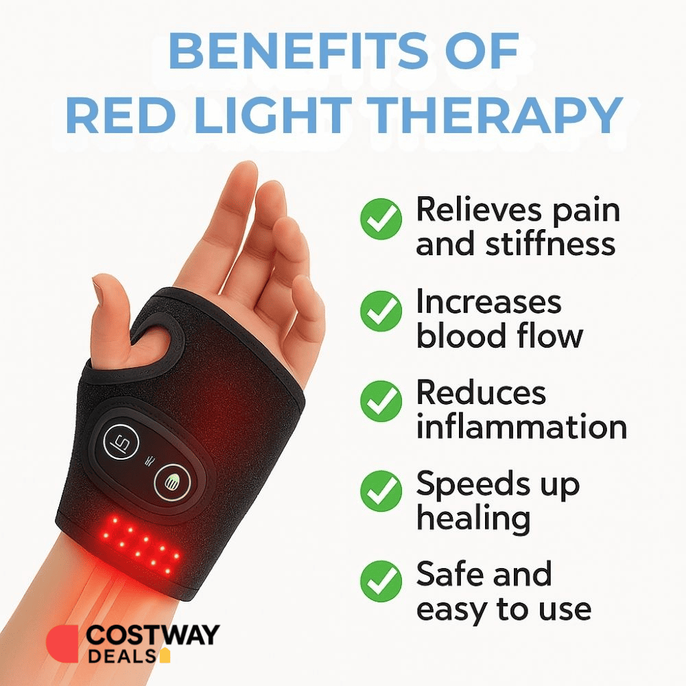 Red light therapy wrist wrap for wrist and finger pain relief.